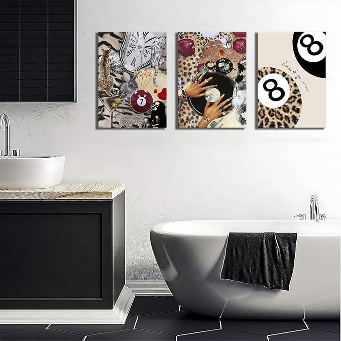 Trendy Leopard Wall Art Set of 3 Cheetah Canvas Aesthetic Wall Decor Funky Black Girl 8 Ball Lucky Poster Prints Pictures Artwork for Bedroom Living Room 12x16 Inch Framed