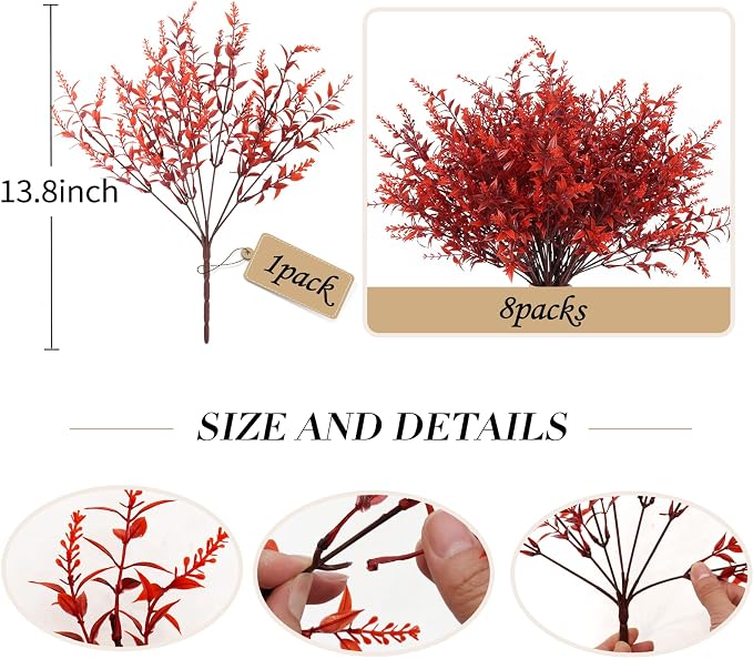 RECUTMS Artificial Greenery for Outdoors Lavender Fall Fake Plants Burgundy | 8Pcs,Fake Flowers Outside UV Resistant Faux Greenery Artificial Plants Faux Flowers for Fall Wedding Yard Window Autumn Decor