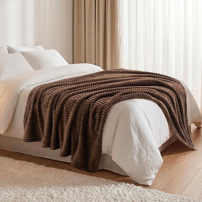 Vessia Flannel Fleece Twin Size Blanket, 300GSM Cozy Brown Stripe Bed Blanket for Couch, Sofa and Bed, Warm and Soft Chocolate Microfiber Ribbed Home Decor for All Season