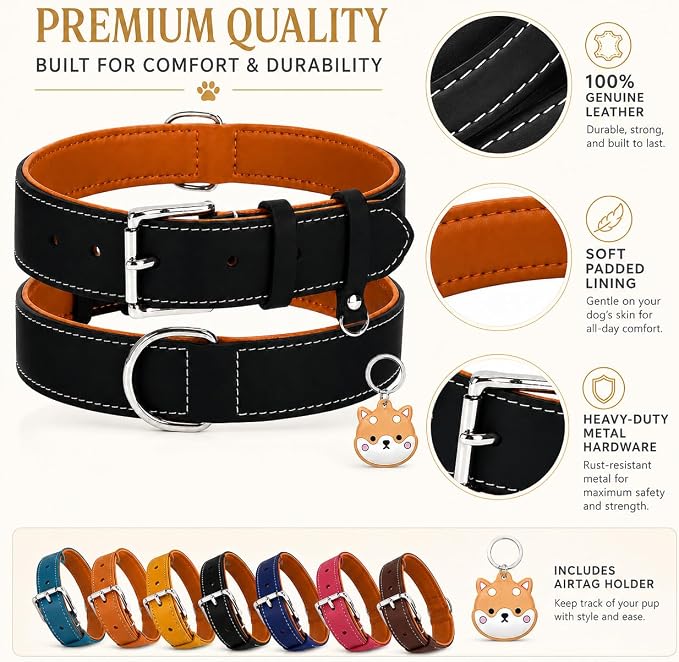 Genuine Leather Dog Collar, Soft Padded Leather Dog Collars with Airtag Holder Case for Small Medium Large X-Large Dogs,Comfort Heavy Duty Pet Collar with Durable Metal Buckle & D-Ring-Black/M