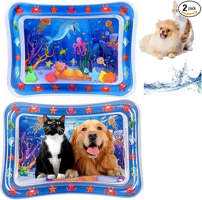 2 Pieces Upgraded Thickened Cat Water Mat,Interactive Cat Toy for Indoor Cats to Exercise, Hunting,Swatting, Anti-Scratch Leak Proof Foldable Water Sensory Play Mat with Fish for Pet Play