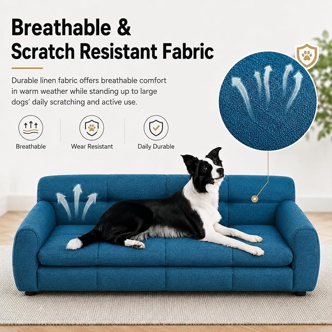 51"×28" Large Dog Sofa, for Large & Extra Large Dogs | Detachable Cushion | Reinforced Low Base|Non-Sagging |Breathable Linen Fabric | Soft Cushion | Armrest & Backrest | Blue