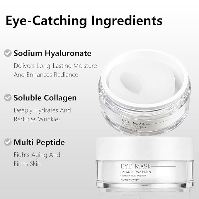 Salmon DNA PDRN Eye Patches for Dark Circles & Puffiness 50 Patches Collagen Multi Peptide Under Eye Masks for Wrinkles Hydrating 360° Eye Treatment Pads, Anti-Aging Travel Skincare for Women