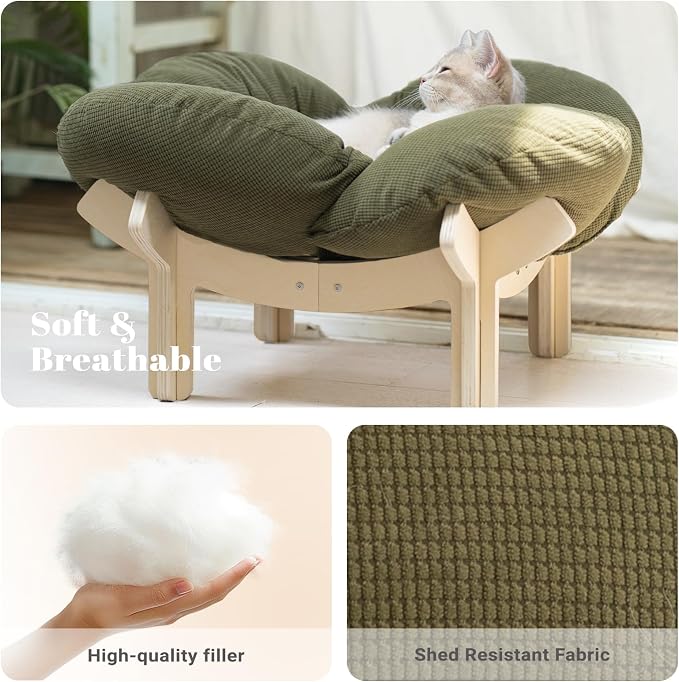 Elevated Cat Bed for Indoor Cats Couch Sofa Flower | Pet Beds with Soft Washable Cushion, Stable Wooden Frame, Raised Cat Hammock & Furniture for Kitty & Puppy All-Season(Green)