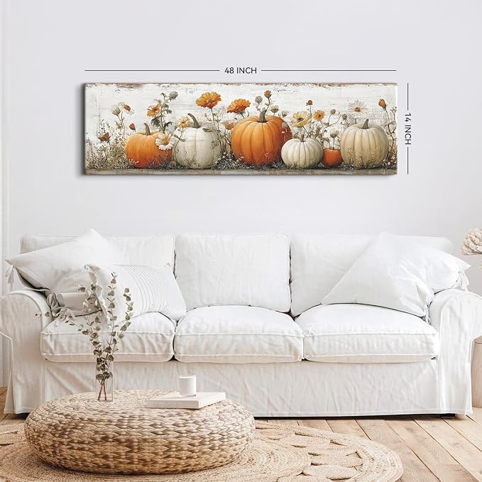 Large Pumpkin Wall Art Fall Wall Decor Farmhouse Kitchen Pictures Wall Decor Autumn Pumpkins Leaves Canvas Prints Painting Rustic Botanical Poster Artwork for Bedroom Living Room Decoration 14x48”