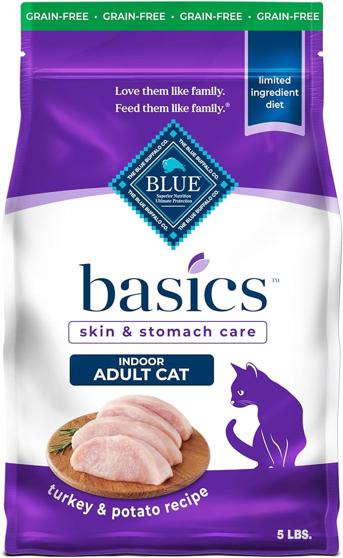 Blue Buffalo Basics Turkey Grain-Free Dry Cat Food, 5 lb | Skin & Stomach Care, Real Turkey #1 Ingredient, Limited Ingredient Diet, Antioxidant-Rich LifeSource Bits, Skin & Coat Health