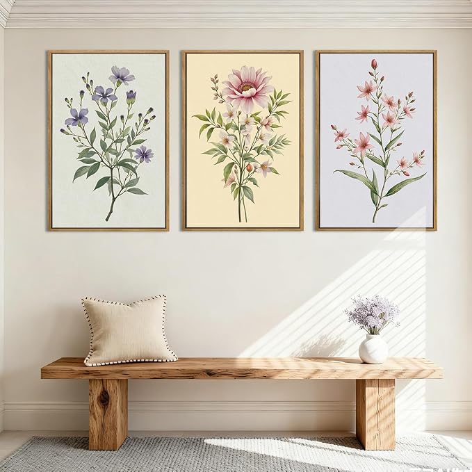 ANHUIB Boho Floral Canvas Wall Art, Framed Minimalist Beige Wildflower Wall Decor, Neutral Botanical Painting 16x24 Inch Set of 3 for Living Room Bedroom Dining Room