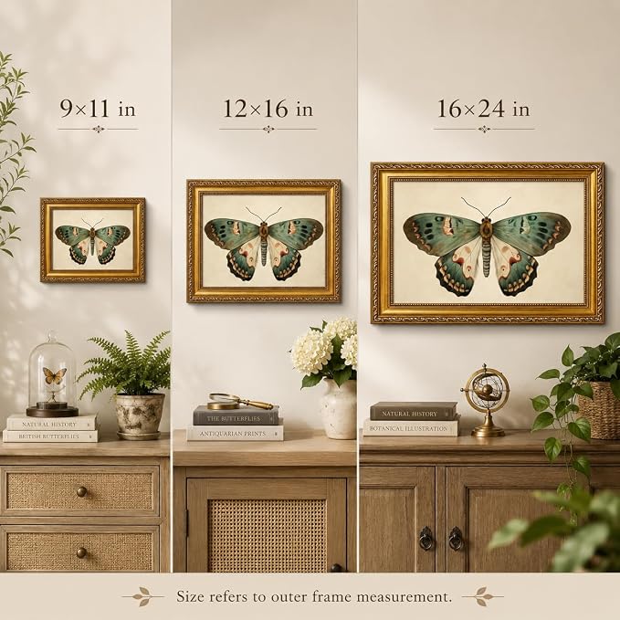 Vintage Butterfly Wall Art, Gold Framed Canvas Print, 9x11 in | Ornate gold frame, vintage butterfly print, ready to hang for bedroom, bathroom, shelf, or gallery wall