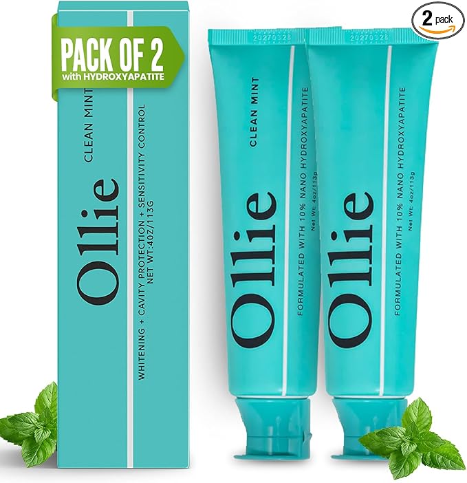 Ollie Clean Mint Nano Hydroxyapatite Toothpaste for Teeth Whitening, 10% Hydroxyapatite Formula, (Pack of 2, 4oz)
