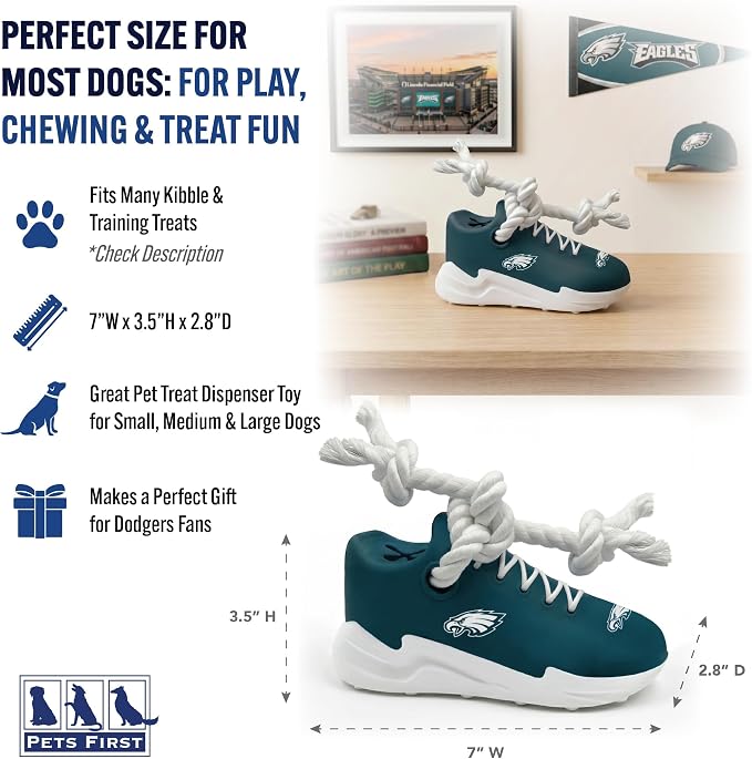 Pets First NFL Philadelphia Eagles Cleat Sneaker Spike Dog Toy, Football Treat Dispenser Chew Toy for Dogs, Interactive Rope Tug Toy, Slow Feeder Natural Rubber Dog Toy with Official Team Logo