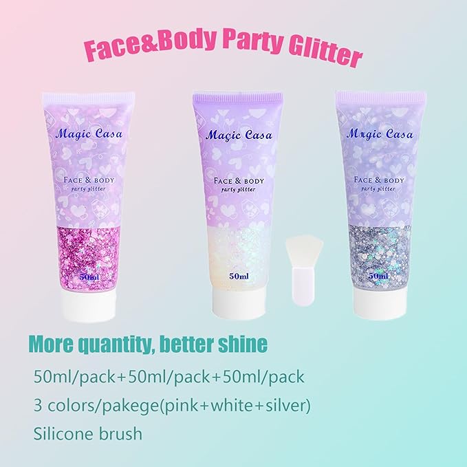 Body Glitter White & Silver & Pink 150ml Face Hair Self Adhesive Gel Accessories Cosmetic Glitter Long Lasting Chunky Sequins Glitters for Eye Lip Nails Gel Festival Rave