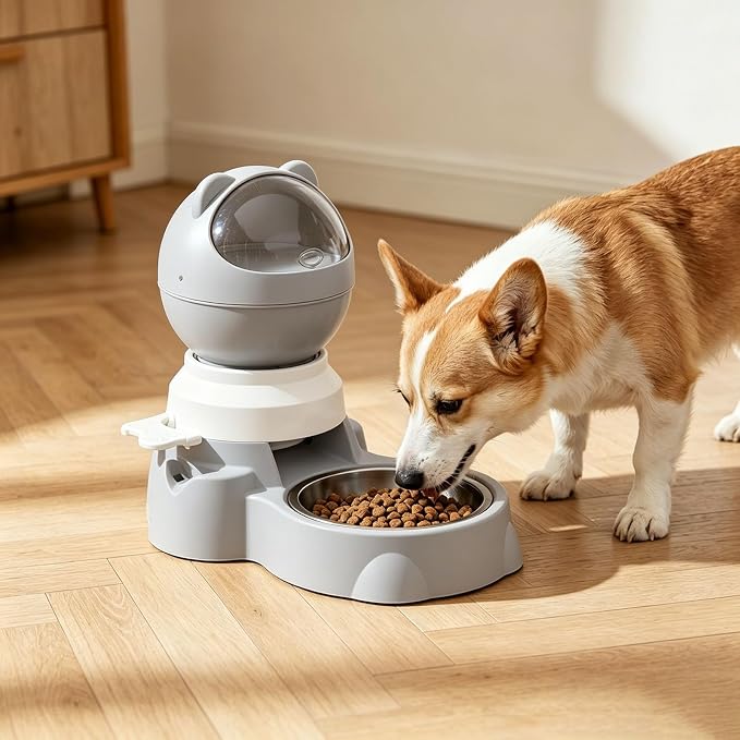 Automatic Gravity Pet Feeder Dispenser,Treat Dispenser with Button for Slow Feeder,Dog Waterer and Food Feeder for Cats Dogs (Grey)