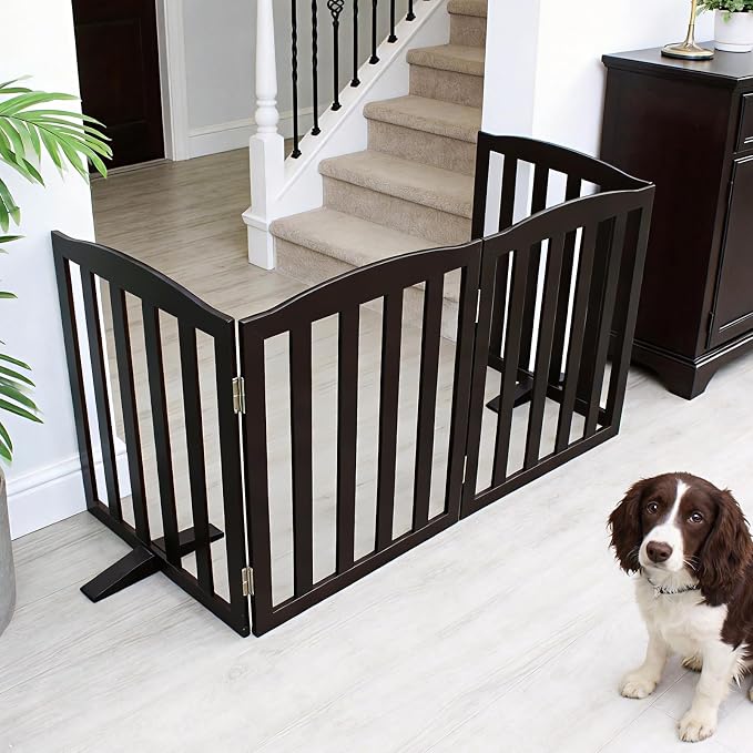 ZJSF Foldable Freestanding Indoor Dog Gate for House Wood Long Pet Gates Dog Fence for Stairs Puppy Gates for Hallways, Puppy Gate,Support Feet Included, Black, 32 "Height-3 Panels