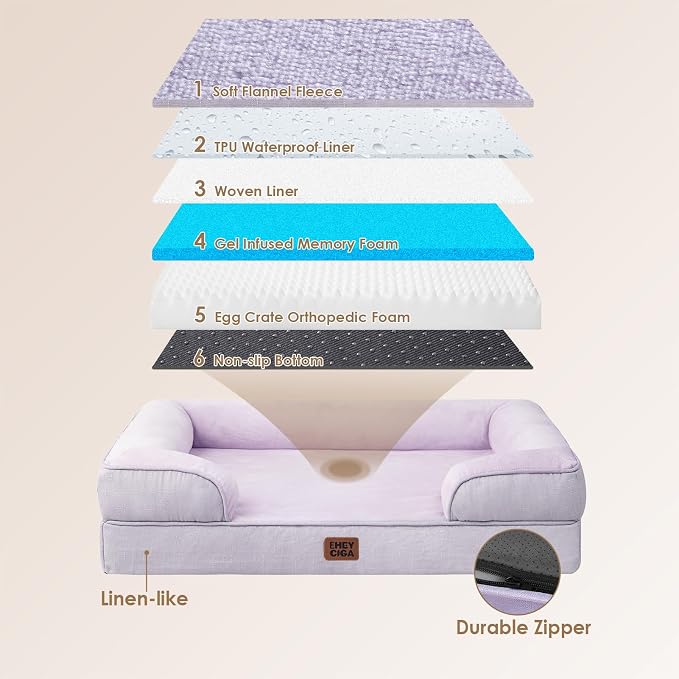 EHEYCIGA Orthopedic Extra Large Dog Bed, Waterproof Washable XL Pet Bed 44" | Non-Slip Bottom and Egg-Crate Memory Foam Big Dog Couch Bed with Washable Removable Cover, Lilac, 44Inch