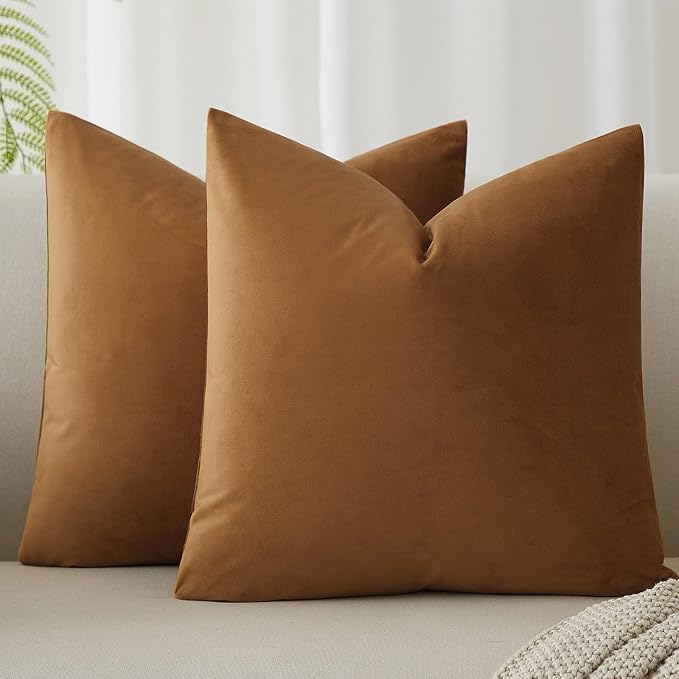 JUSPURBET 16x16 Decorative Velvet Throw Pillow Covers Set of 2,Light Brown | Modern Soft Cushion Covers Cases with Hidden Zipper for Couch Sofa Bed Living Room Bedroom Home Decor