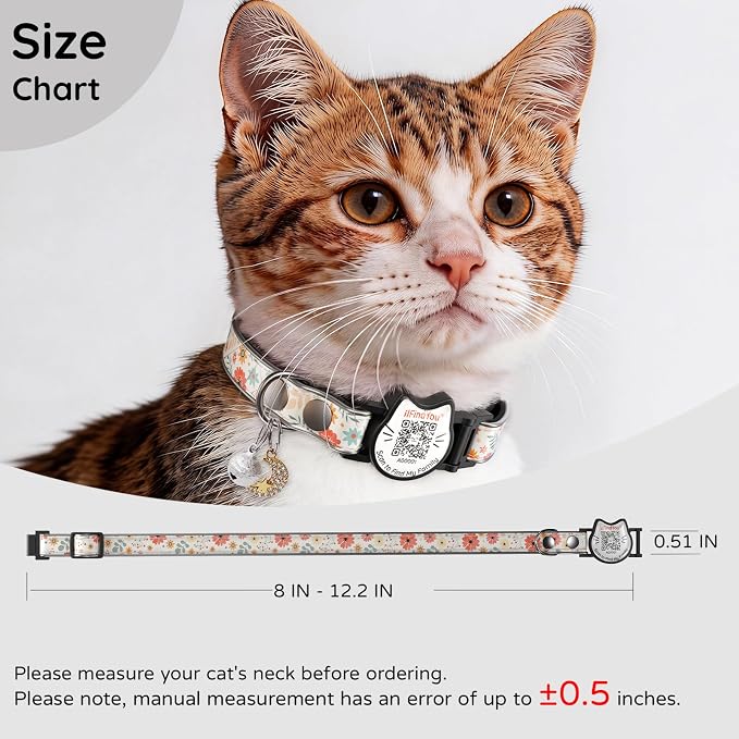 Breakaway Cat Collar QR Code, Reflective Bell, Adjustable Kitten Wht Flower