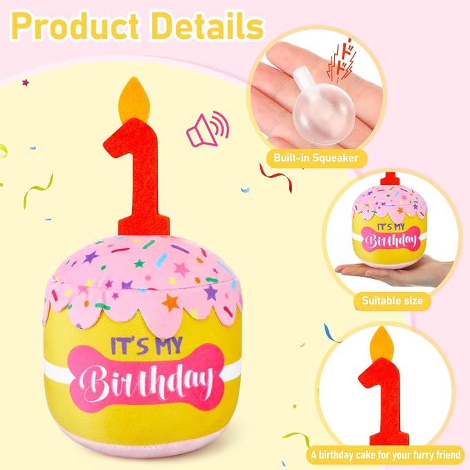 Dansydaisy Dog Birthday Cake Toy Squeaky Plush Gift,1st,Pink and Yellow