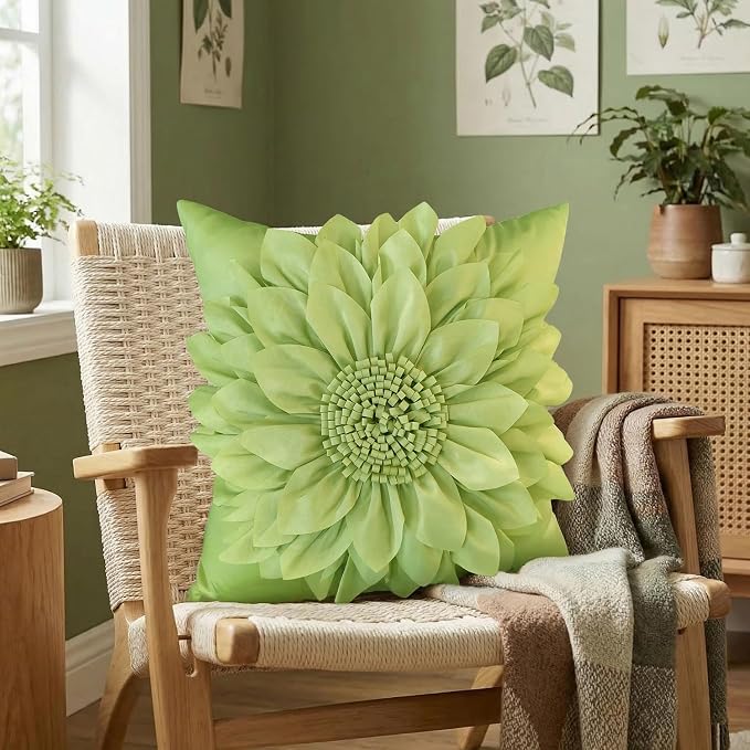Sage Green Accent Flower Decorative Throw Pillow Covers for Bed Sofa Couch | Bella's Giftshop Handmade Sunflower Taffeta Pillow Cases Living Room Bedroom Decor, 18x18 Inch