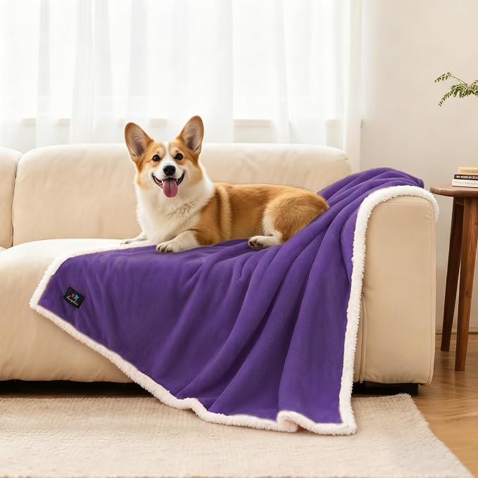 Luciphia Waterproof Bed Blanket Washable,Soft Sherpa Fleece Puppy Reversible Throw Blankets for Medium Large Dog Cat,Furniture Cover Protector Couch from Liquid Pee and Pet Fur,Purple White,85" x 57"