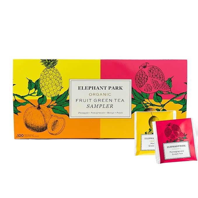 Elephant Park Premium Organic Fruit Green Tea Sampler, 100 Count Assorted Tea Bags, Caffeinated & Herbal Variety Pack Pineapple, Pomegranate, Mango, Peach Flavors
