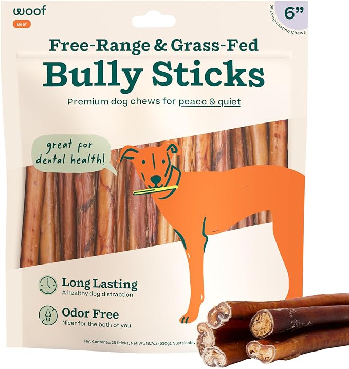 WOOF Bully Sticks Dog Chew Treats, 6 Inch, 25 Count | Free-range grass-fed beef, long-lasting chews, high protein, odor controlled, supports dental care