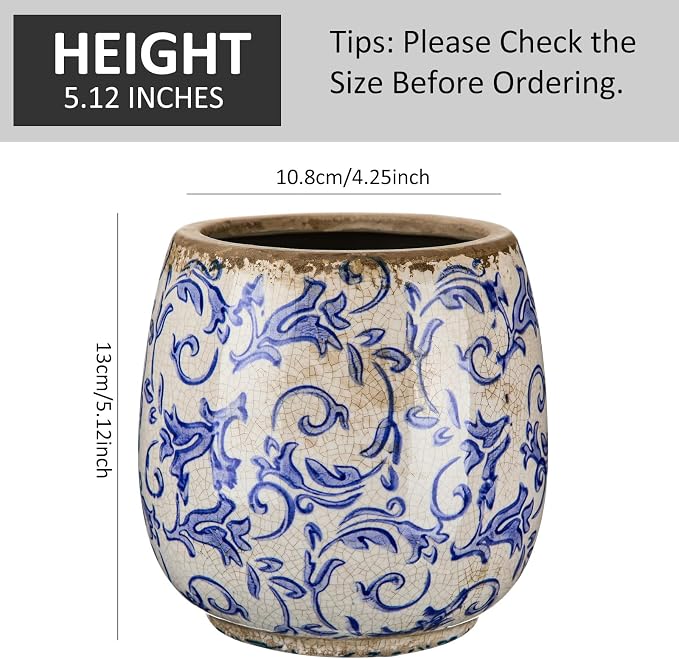 SiliFine Vintage Ceramic Flower Pot with Ice Crackle Rustic Planter with Drainage Holes for Indoor and Outdoor Decor Home Living Room Garden Decor Gardening Gift(Vintage Style)