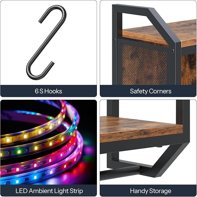 HOOBRO Gaming Floating Shelf with LED Lights, 28.7" LED Wall Mounted Shelf, 3-Tier Display Rack for Wall Storage, Floating Rack with Hanging Rod and 6 S-Hooks, Rustic Brown and Black BF70DBJ01