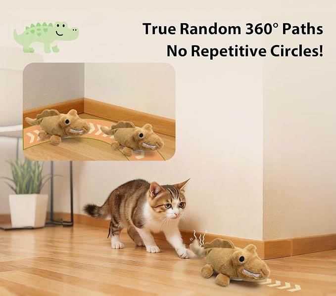 Interactive Cat Toys for Indoor Cats – Auto Moving Alligator with 360° Random Movement & Tail Wagging, Rechargeable Cat Exercise Toy with Catnip, Self-Play Fun for Bored Adult Cats-Brown