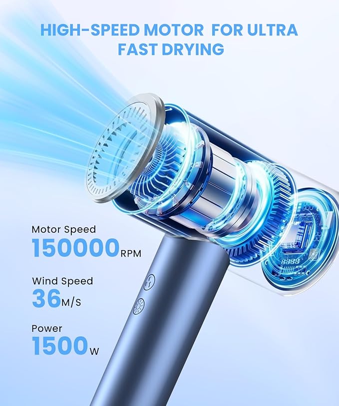 LAMPICK Hair Dryer, Ionic Blow Dryer, Professional High-Speed Hairdryer with 150,000 RPM Motor for Fast Drying, 5 Temps/3 Speeds Lightweight Hairdryer with Magnetic Nozzle for Home Travel Women Man