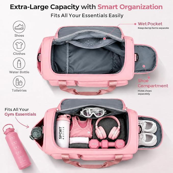 FIORETTO Women's Gym Duffle Bag with Shoes Compartment, 30L Capacity, Ideal for Travel, Gym, Sports, Duffel, Weekender