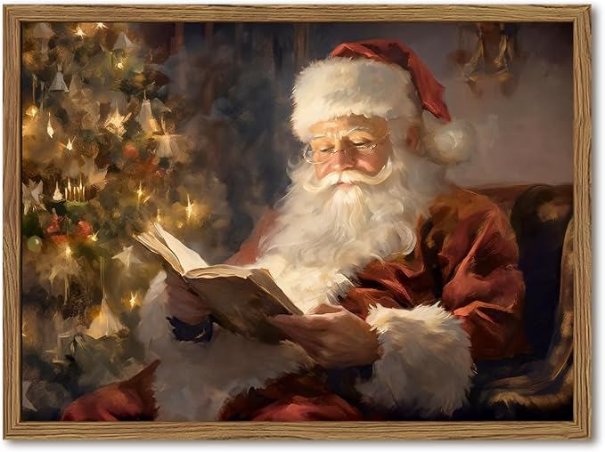 Framed Vintage Christmas Canvas Wall Art, Santa Claus Reading Book Paintings Wall Decor, Rustic Winter Holiday Pictures Prints for Living Room Bedroom Home Decoration 12×16 inch