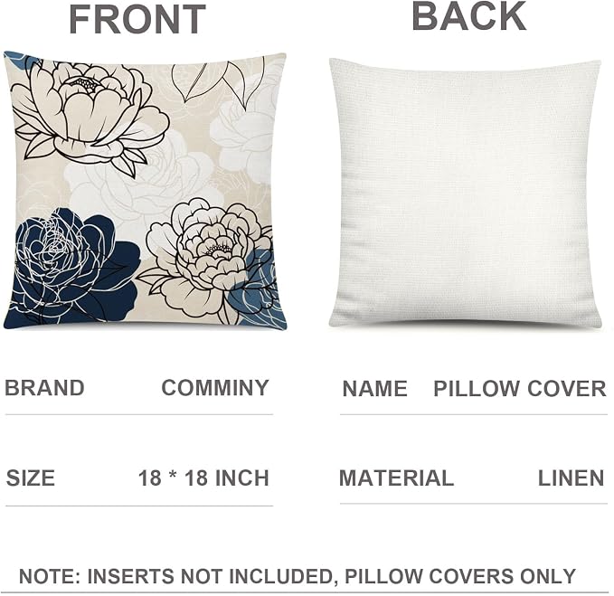 Blue Beige Throw Pillow Covers 18x18 Set of 6, Daisy Floral Linen Decor | summer spring Decor, farmhouse cushion cover, Standard Throw Pillow Size, Breathable Linen, Couch Sofa Living Room