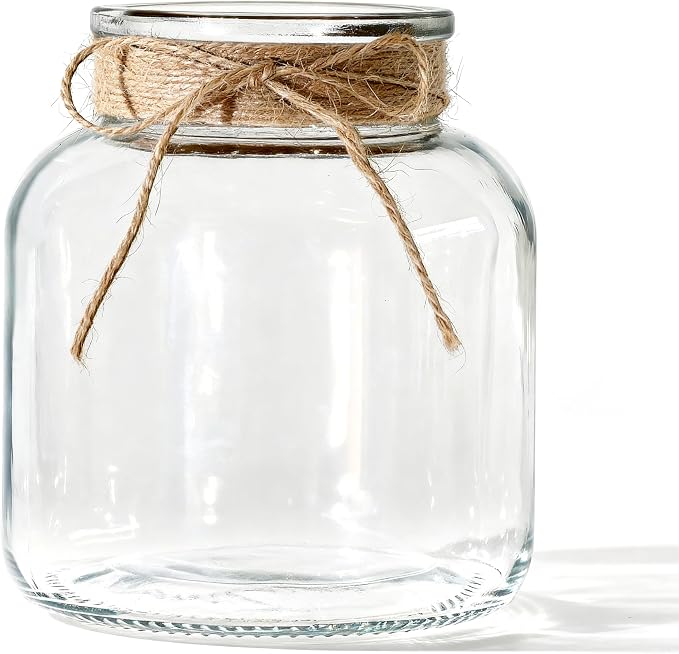 Houmury Glass Vases for Centerpieces 6 Inch Clear Large Vase Farmhouse Utensils Holder with Twine Ties Home Decor for Wedding Living Room Kitchen Dining Table Office (1)