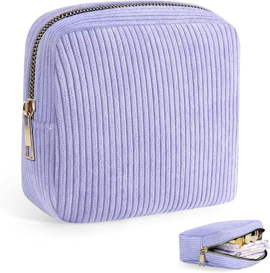 Corduroy Period Pouch Small Discreet Period Bag Sanitary Napkin Storage Bag Cute Menstrual Pad Pouch Tampon Bag for Purse Portable Zipper Makeup Bags for Women Ladies Lavender