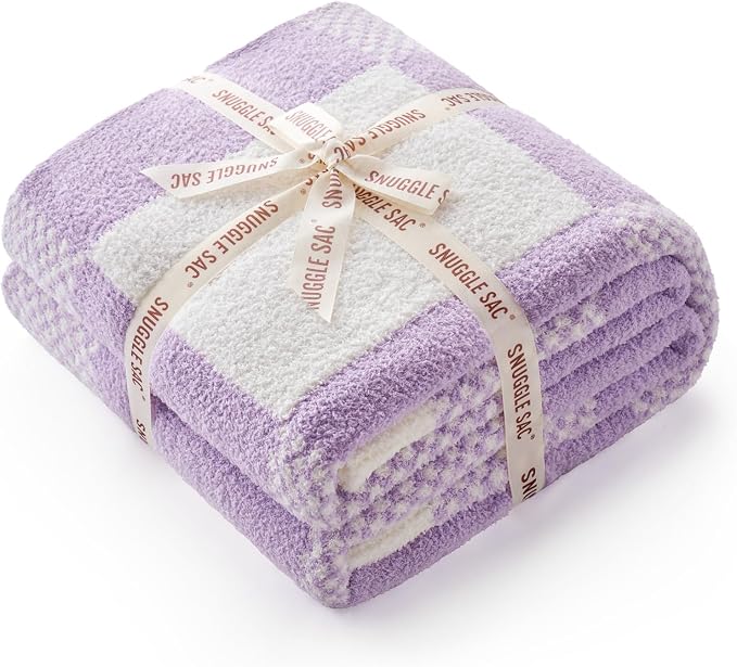 Snuggle Sac Checkered Blanket, Lilac Purple Throw Blanket for Couch Plaid Microfiber Fluffy Warm Cozy Fuzzy Soft Throw Blanket Reversible Checkered Blankets for Sofa, Chair, Bed, 50x60 inches