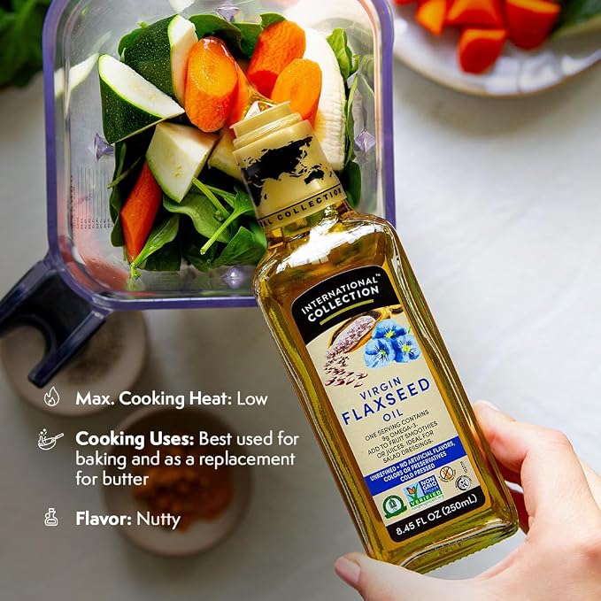 International Collection Virgin Flaxseed Oil, 8.45 fl oz (Pack of 1) | Expertly Sourced, Quality Oils | NonGMO Project Certified, No Artificial Flavors, Gluten Free, Vegan, Kosher & Halal Approved