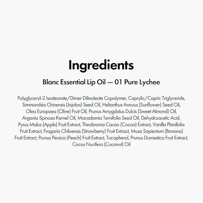 Blanc Essential Lip Oil - 50HR Moisturizing & Hydrating Korean Lip Gloss Makeup with 6 Botanical Extracts - Lightweight, Non-Sticky Clear Essence Overnight Repair 0.15 fl oz (#01 Pure Lychee)