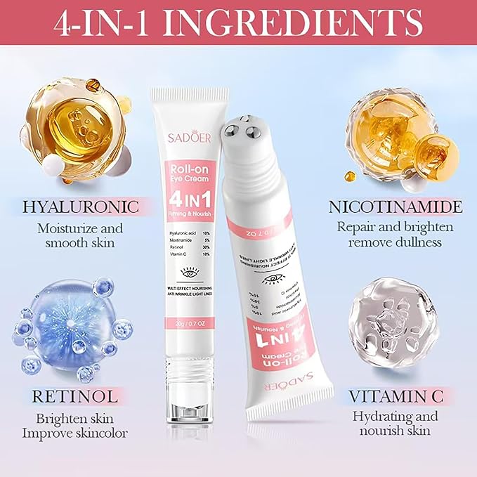 Retinol Eye Cream with 10% Hyaluronic Acid, 5% Nicotinamide, 30% Retinol, 10% Vitamin C for Puffy Dark Circles Wrinkles Eye Bags Fine Lines, Under Eye Cream with 360° Eye Roller Massage Ball