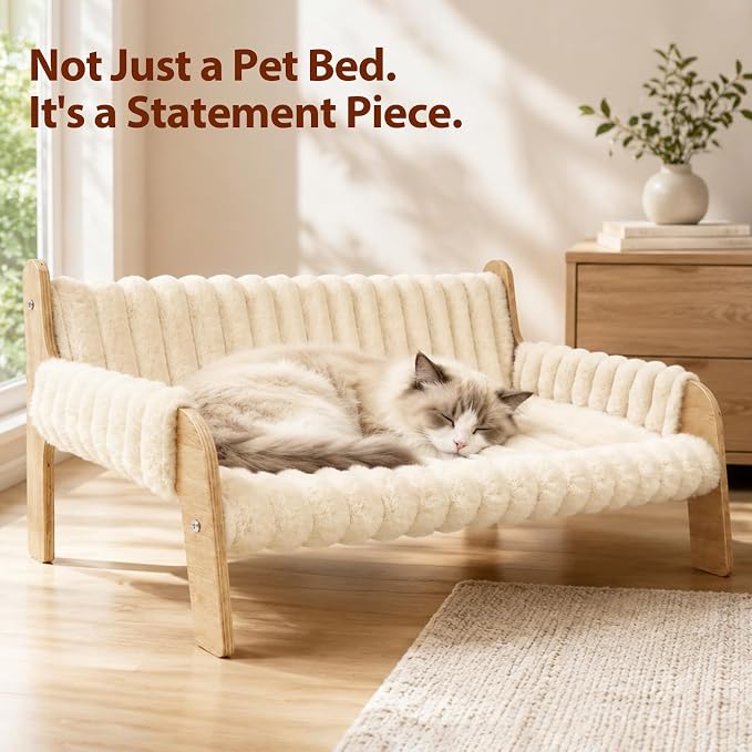 Elevated Cat Couch for Indoor Cats Wooden Cat Sofa for Kitty Puppy | Ultra-Soft Plush Raised Cat Bed,Removable Washable Cat Chair Hammock,Breathable Cat Furniture for Bedside Balcony Living Room