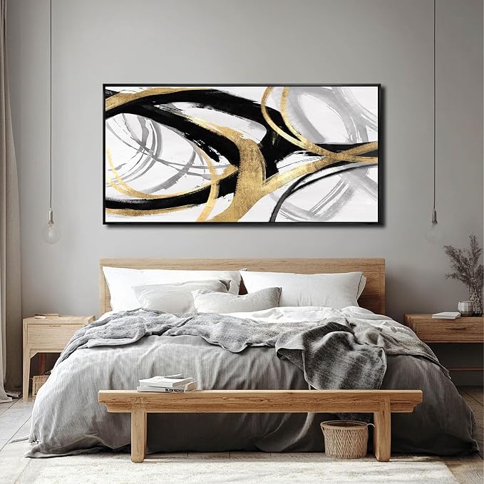 Abstract Wall Art Pictures for Living Room Gold Wall Decor Line Art for Bedroom Kitchen Home Office Decoration Framed Art 24"x48"