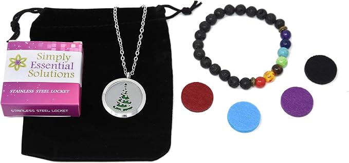Aromatherapy Essential Oil Diffuser Stainless Steel 30MM Silver Magnetic Locket Pendant 2 Sizes Chain Necklace, Refill Pads & Diffuser Bracelet in a Velvet Bag (Christmastreewithornaments)