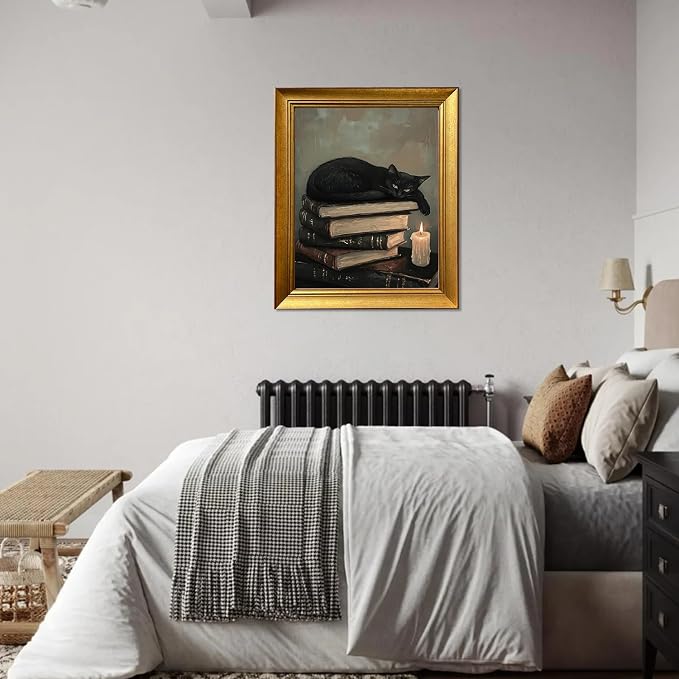 Framed Vintage Cat Wall Art for Bedroom Decor Antique Painting Black Cat Wall Art Canvas Print for Study Room Living Room Home Decor Aesthetic