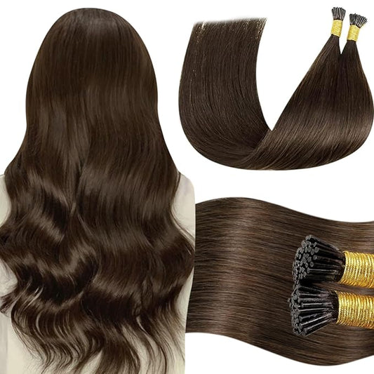 LaaVoo I Tip Hair Extensions Human Hair Medium Brown I Tips Hair Extensions Real Human Hair Soft Hair Itips Hair Extension Human Hair Silky Straight 24inch 100s 100g