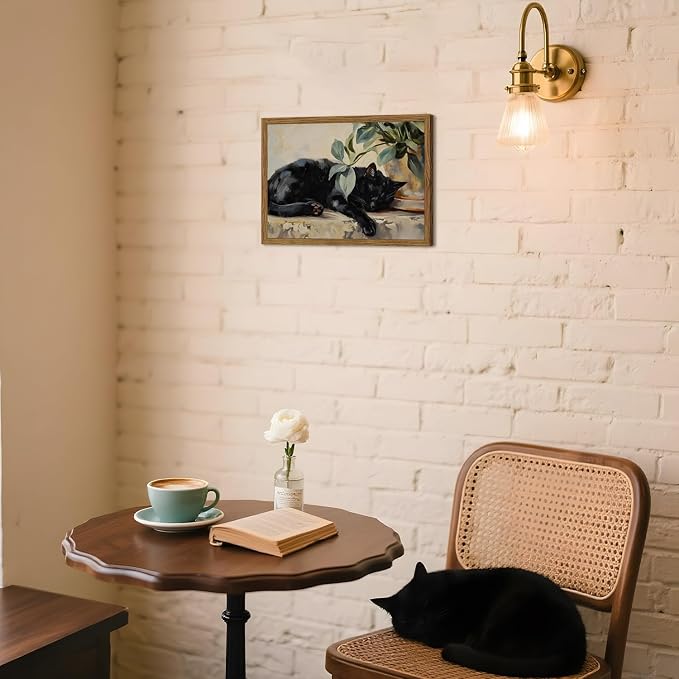 Framed Black Cat Canvas Wall Art, Vintage Sleeping Cat with Plant Picture Wall Decor Paintings, Cute Animal Poster Prints Rustic Aesthetic Home Decor for Living room Bedroom Bathroom 12x16 inch