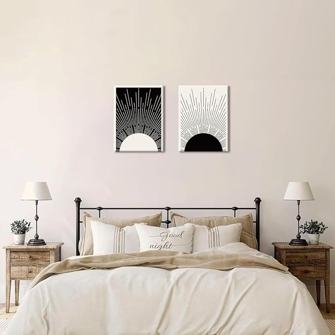 Hwetui Framed Boho Sun Wall Art Set of 2 Black and White Minimalist Sunrise Canvas Prints Abstract Sunshine Painting Geometric Line Pictures Home Decor for Living Room Bedroom Bathroom 16x24in