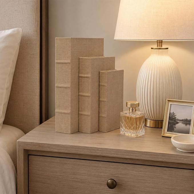 Decorative Faux Linen Book Box Set Neutral Home Decor Display Books, 13" | Living Room Decor, Bedroom Decor, Office Decor, Bookshelf Display, Coffee Table, Farmhouse, Rustic, Vintage Style