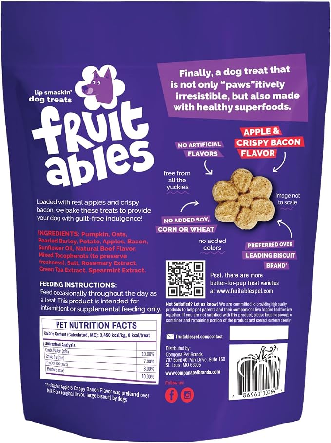 Fruitables Baked Dog Treats, Low Calorie Treats, Apple & Bacon Flavor, 12oz | Healthy Dog Treats, Training Treats, Crunchy Dog Biscuits, Limited Ingredient Recipe, Healthy Puppy Snacks, Made in USA
