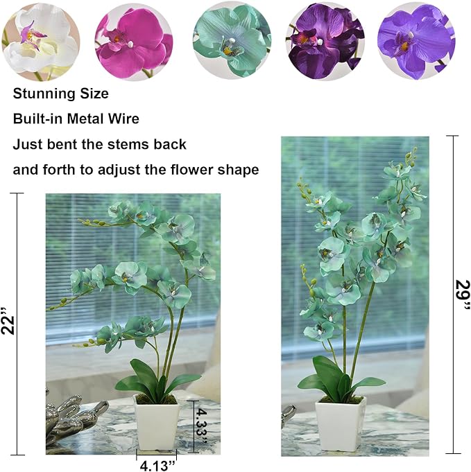 22" Golden Blue Faux Orchid in Ceramic Vase for Table Décor | Real Look Potted Phalaenopsis, Ideal Centerpiece for Home, Office, or Indoor Display, Lifelike Silk Flowers, No Maintenance