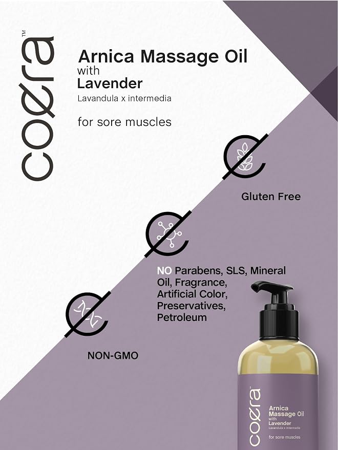 Coera Arnica Massage Oil | 8 fl oz | with Lavender, Sunflower, and Olive Oil | Great for Sore Muscles | Free of Parabens, SLS, & Fragrances