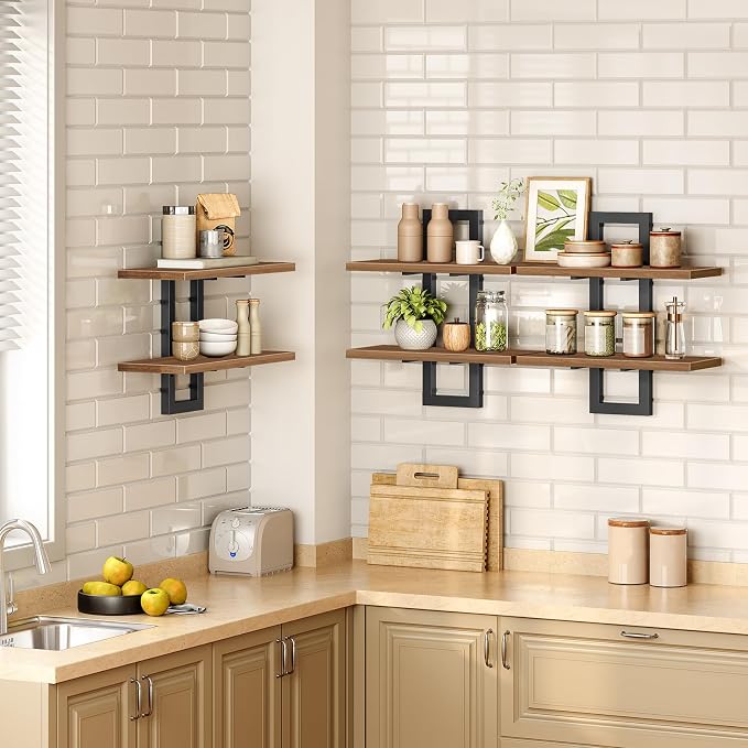 HOOBRO Floating Shelves, 15 Inch Wall Shelf Set of 3, Wall Mounted Storage Shelves 2-Tier, Hanging Bathroom Shelves, for Living Room, Bedroom, Bathroom, Kitchen, Walnut and Black BH32BJP301